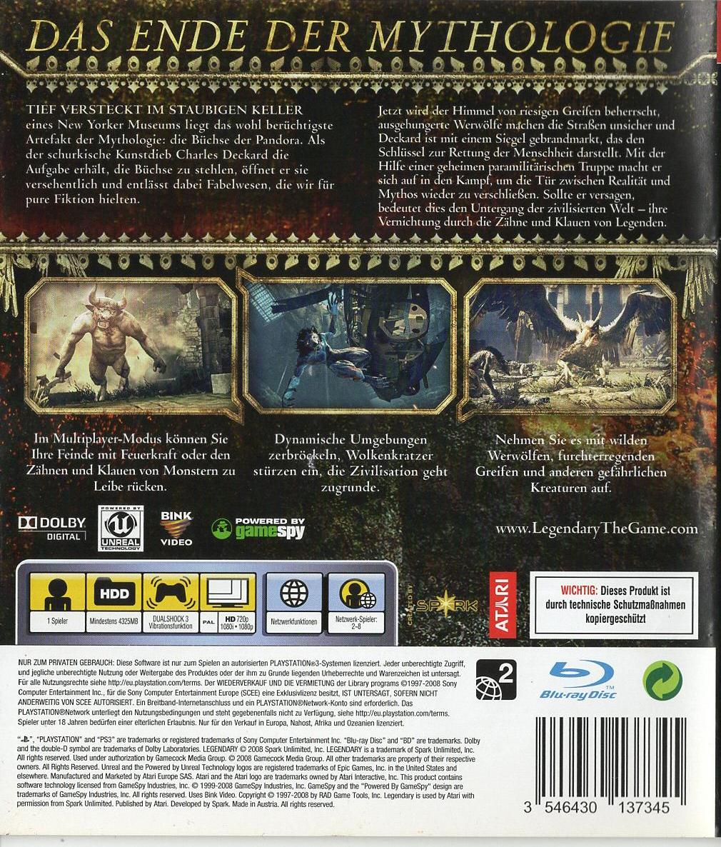 Legendary - PlayStation 3 Rückseite