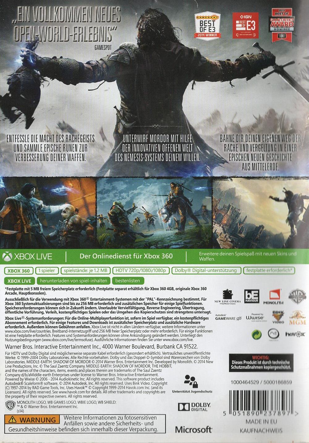 Mittelerde: Mordors Schatten - Xbox 360 Rückseite