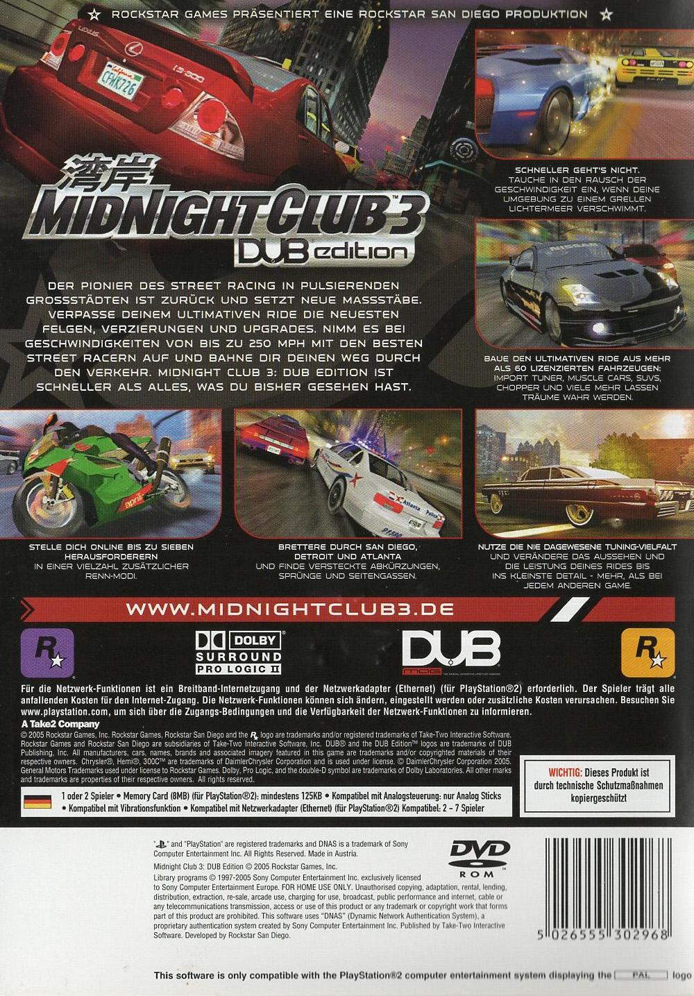 Midnight Club 3: DUB Edition - PlayStation 2 Rückseite